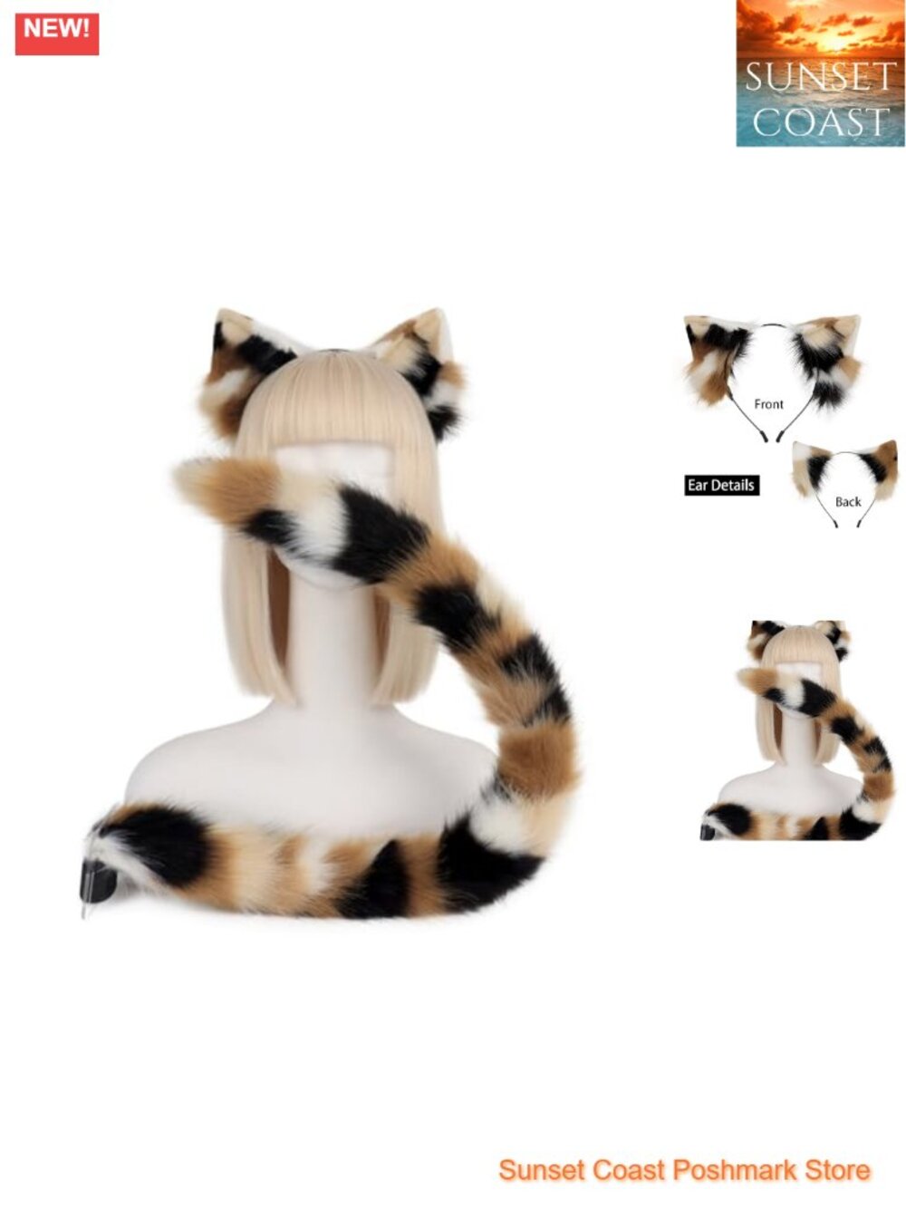 Furry Faux Fur Cat Ears Headband & Fox Tail Set Cosplay Halloween Accessory